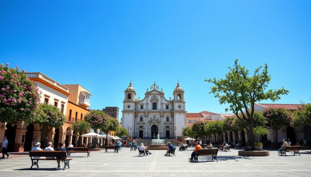San Cristobal de las Casas plaza with clear blue skies during dry season