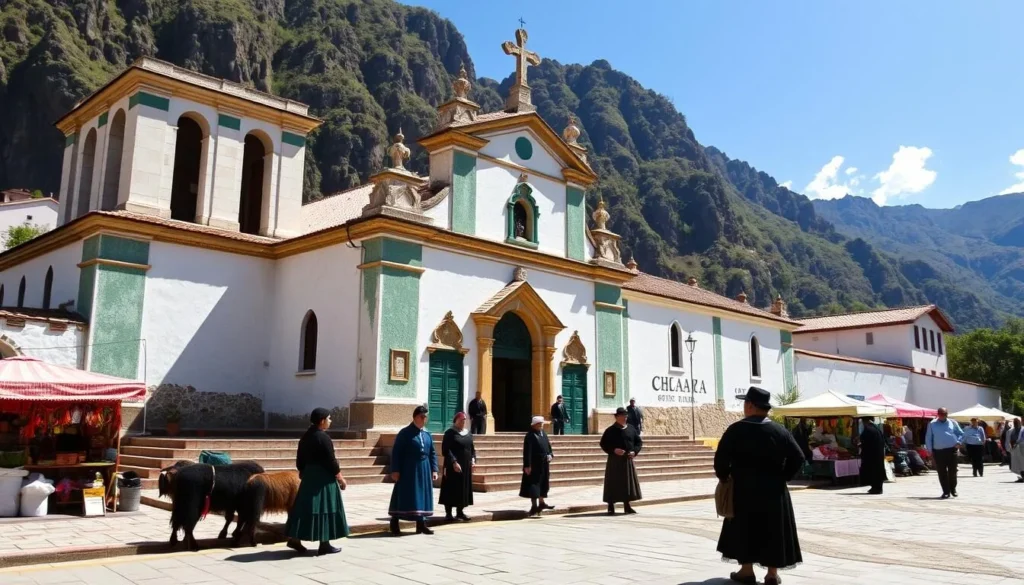 San Juan Chamula church exterior with indigenous people in traditional dress