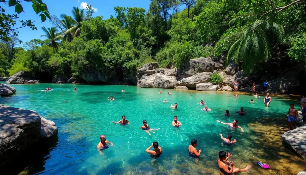 San Juan River natural swimming pools in Las Terrazas with visitors enjoying the crystal clear water San Juan River natural swimming pools in Las Terrazas with visitors enjoying the crystal clear water