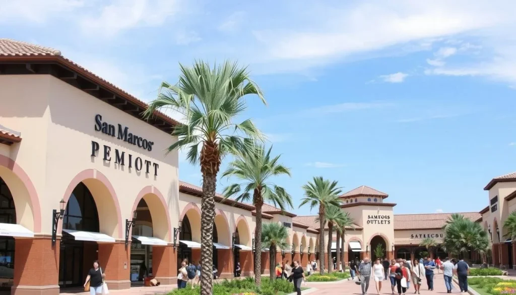 San Marcos Premium Outlets shopping center with shoppers San Marcos Premium Outlets shopping center with shoppers