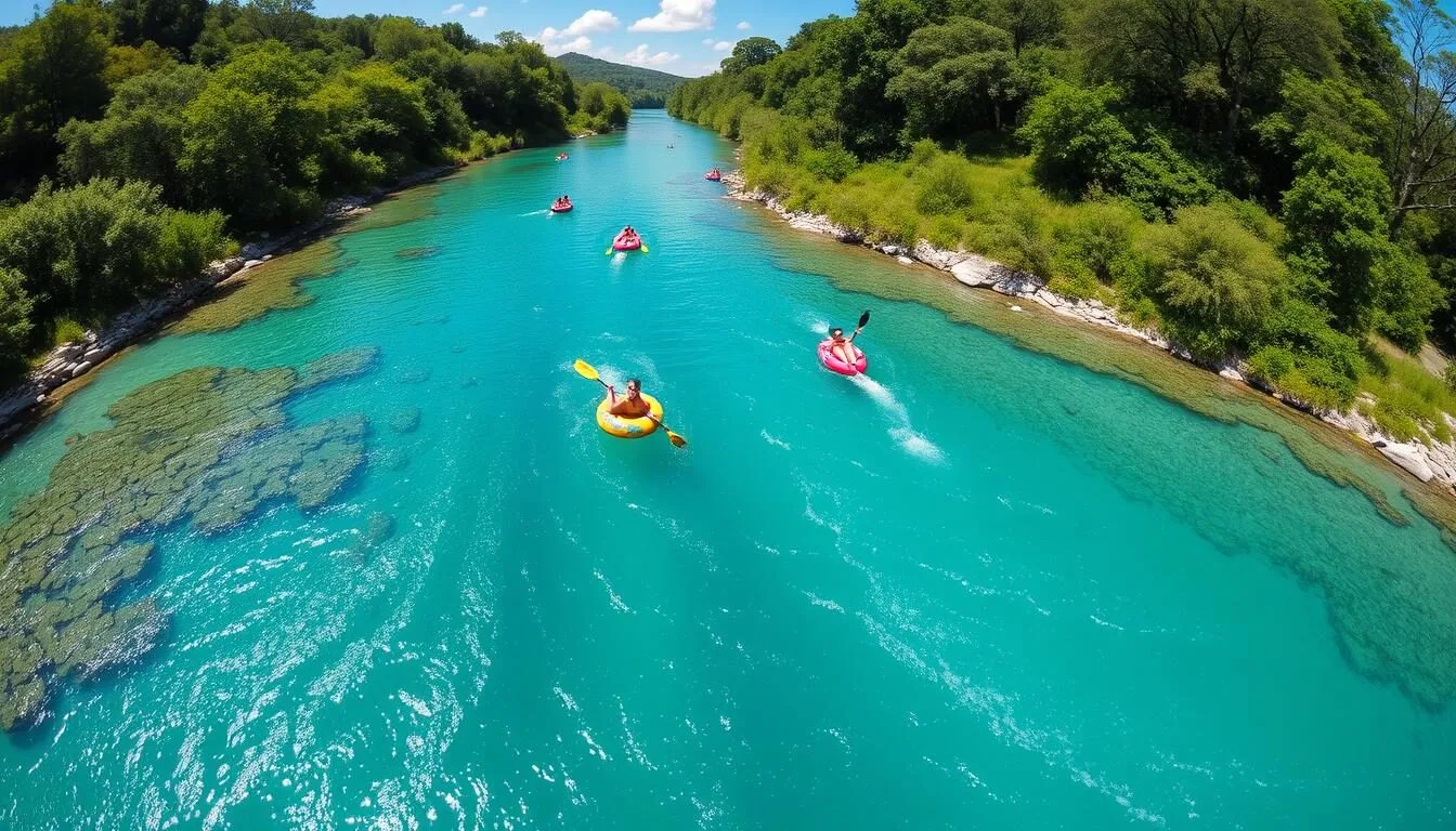 San-Marcos-River-with-crystal-clear-water-and-lush-greenery-on-a-sunny-day San Marcos River with crystal clear water and lush greenery on a sunny day