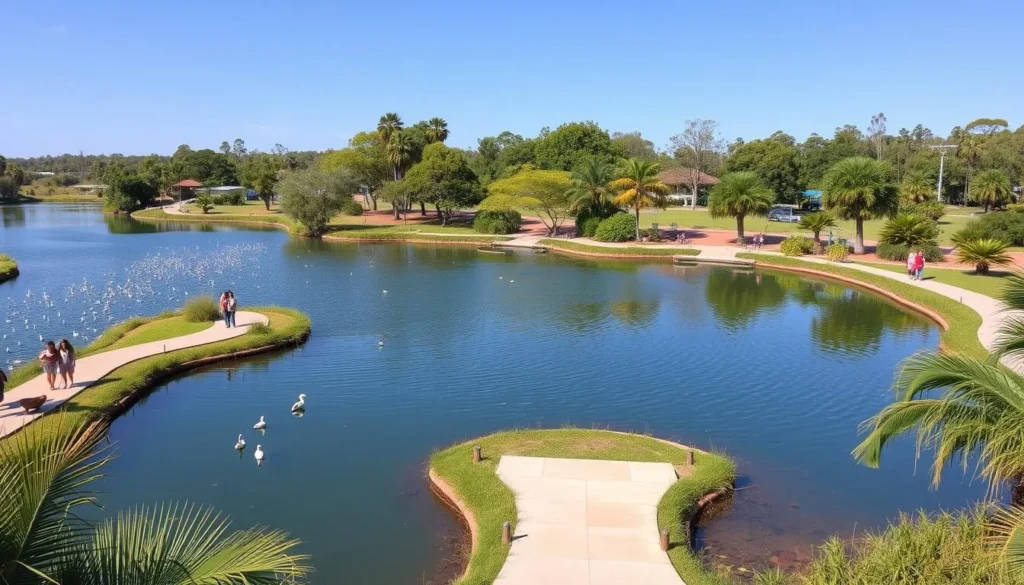 Sanctuary Lakes in Palmerston with walking paths, native birds and lush vegetation Sanctuary Lakes in Palmerston with walking paths, native birds and lush vegetation
