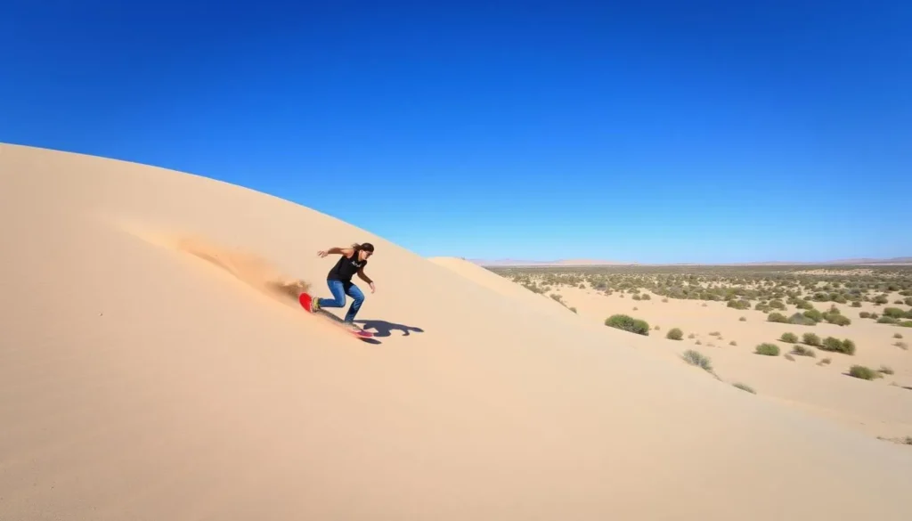 Sandboarding on the dunes at Lomas de Arena Regional Park near Santa Cruz