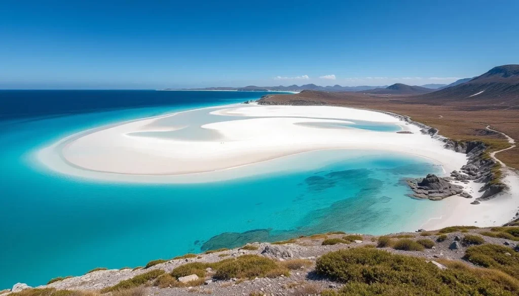 Sandy Bay beach on Bleaker Island with white sand and clear waters