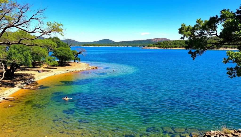 Sandy Creek Park in Leander showing the beautiful shoreline of Lake Travis with clear blue water and natural surroundings