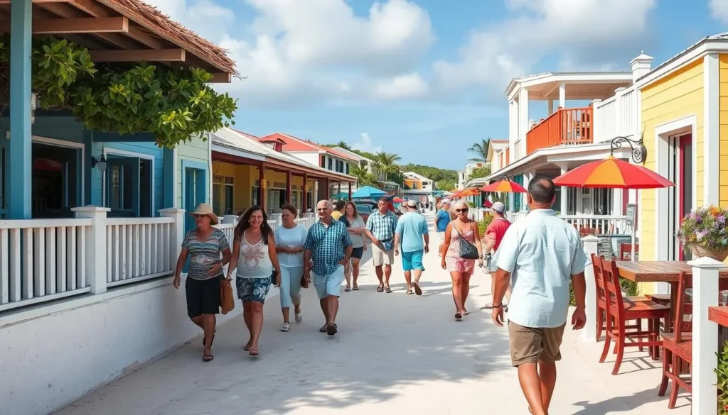 Sandy Ground beach path with visitors walking between beach bars and restaurants