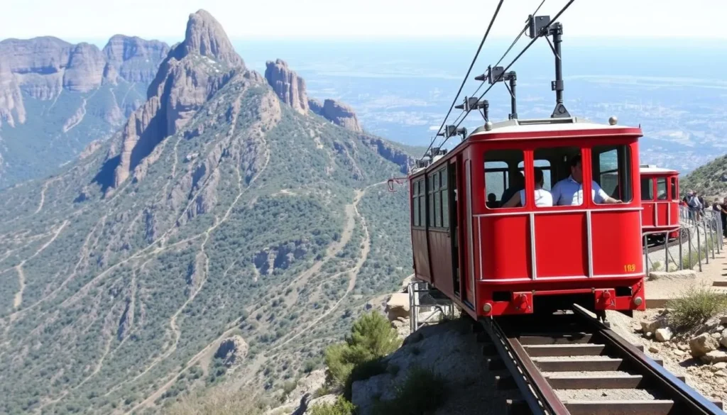 Sant Joan funicular railway ascending the steep slopes of Montserrat mountain with passengers enjoying the view