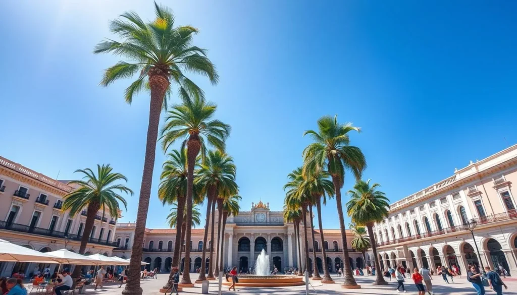 Santa Cruz plaza with palm trees during dry season showing sunny weather and people enjoying outdoor activities