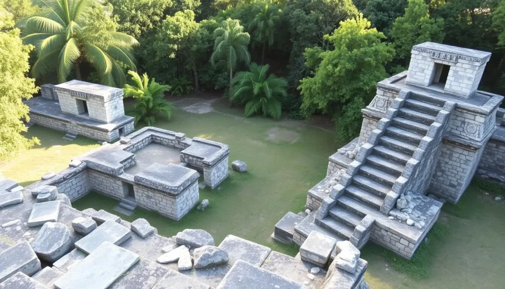 Santa Rita Maya ruins in Corozal with stone structures surrounded by tropical vegetation