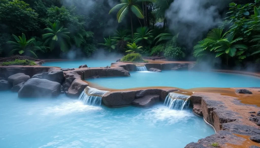 Santa Rosa de Cabal hot springs with waterfall and natural pools surrounded by lush vegetation