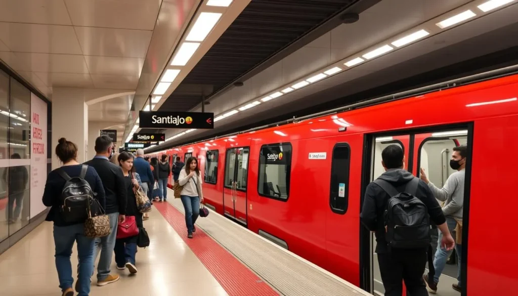 Santiago Chile metro station with modern trains and passengers