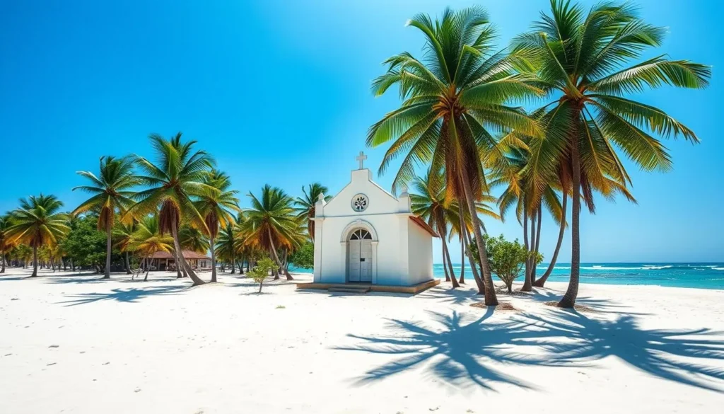 São Benedito Chapel on Praia dos Carneiros beach with palm trees and turquoise water
