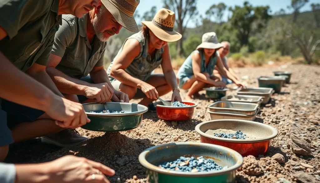 Sapphire fossicking in the Gemfields near Emerald Town, showing people searching for precious stones Sapphire fossicking in the Gemfields near Emerald Town, showing people searching for precious stones