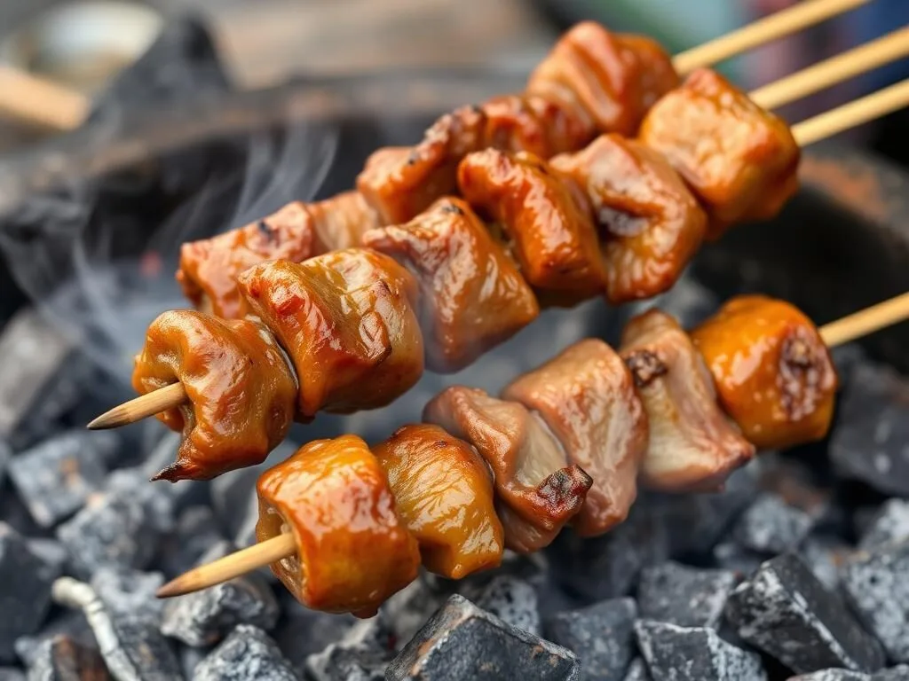 Sate Kambing Tegal (goat satay) being grilled over hot coals with smoke rising