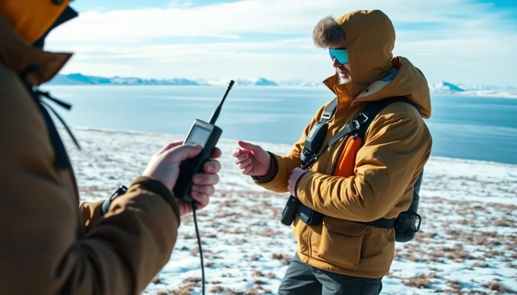 Satellite phone being used for communication in the remote wilderness near Lake Bolshe-Karskoye Satellite phone being used for communication in the remote wilderness near Lake Bolshe-Karskoye