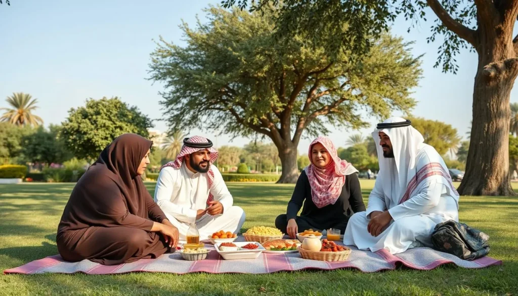 Saudi family enjoying a picnic in King Fahd Park in Taif, dressed in traditional and modern modest clothing