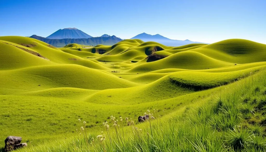 Savanna Teletubbies landscape with rolling green hills in Bromo Tengger Semeru National Park, Probolinggo, Indonesia
