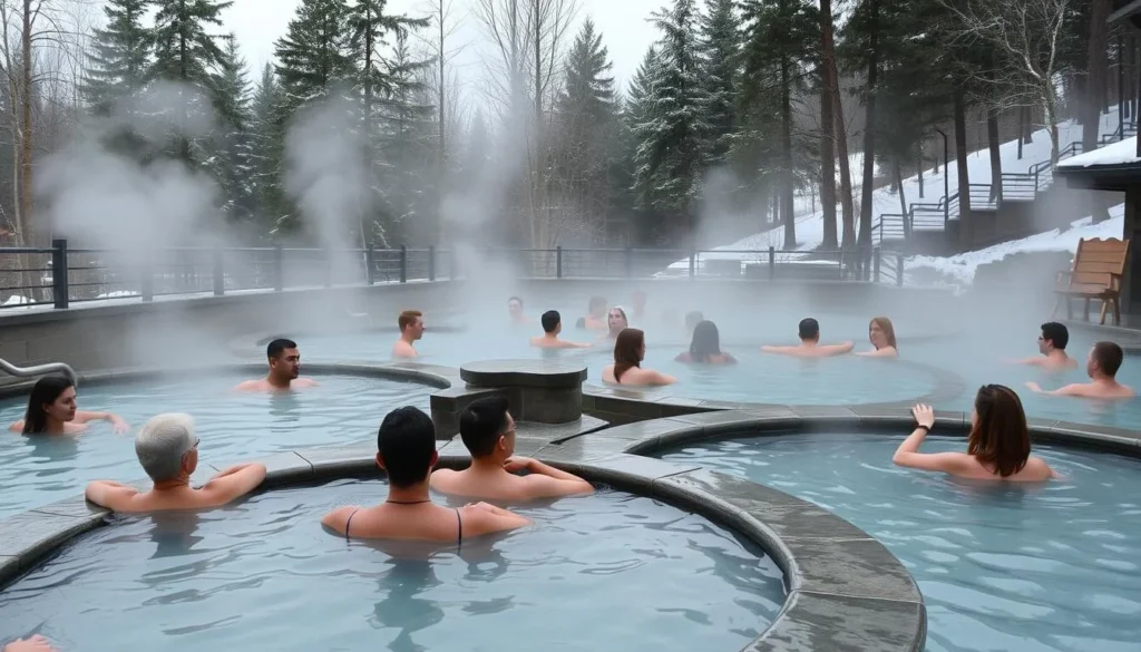 Scandinave Spa Blue Mountain with outdoor hot pools surrounded by forest