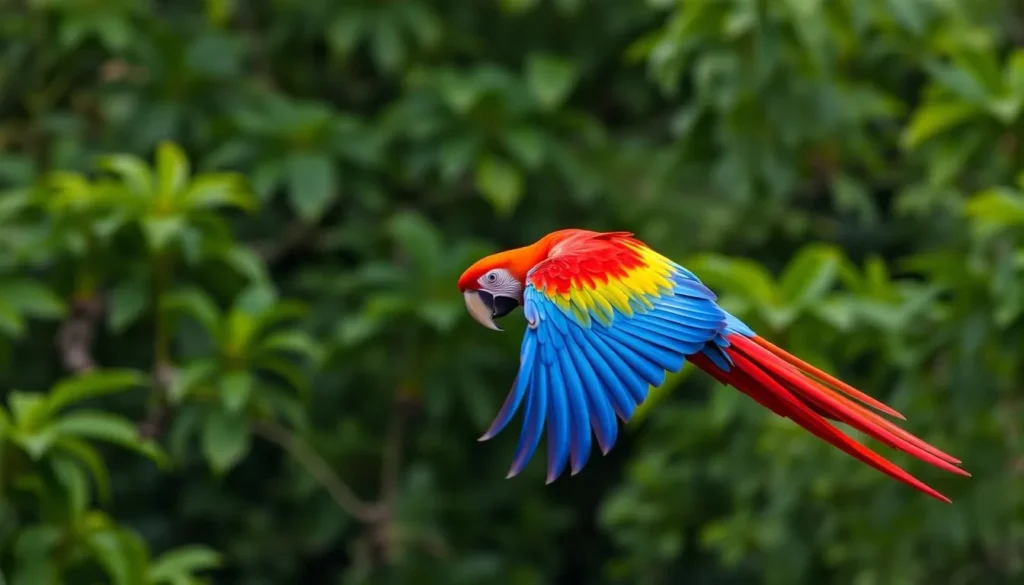 Scarlet macaw flying in Sarstoon-Temash National Park