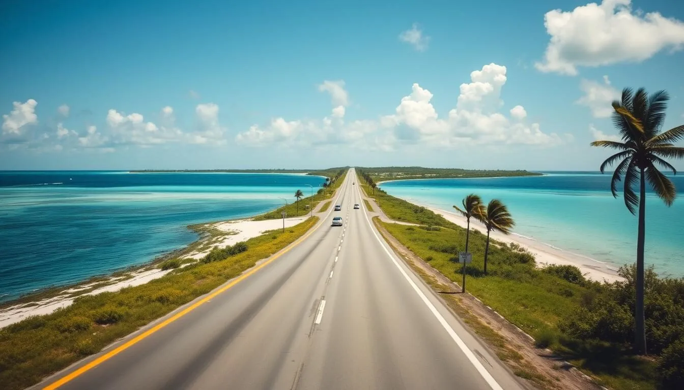 Scenic Overseas Highway approaching Big Torch Key, Florida with water views on both sides