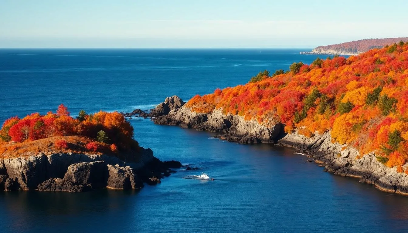 Scenic autumn view of Campobello Island, Maine showing colorful fall foliage along the coastline