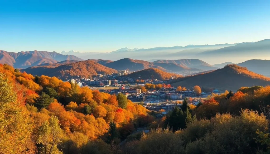 Scenic autumn view of Dharan with clear skies and colorful foliage