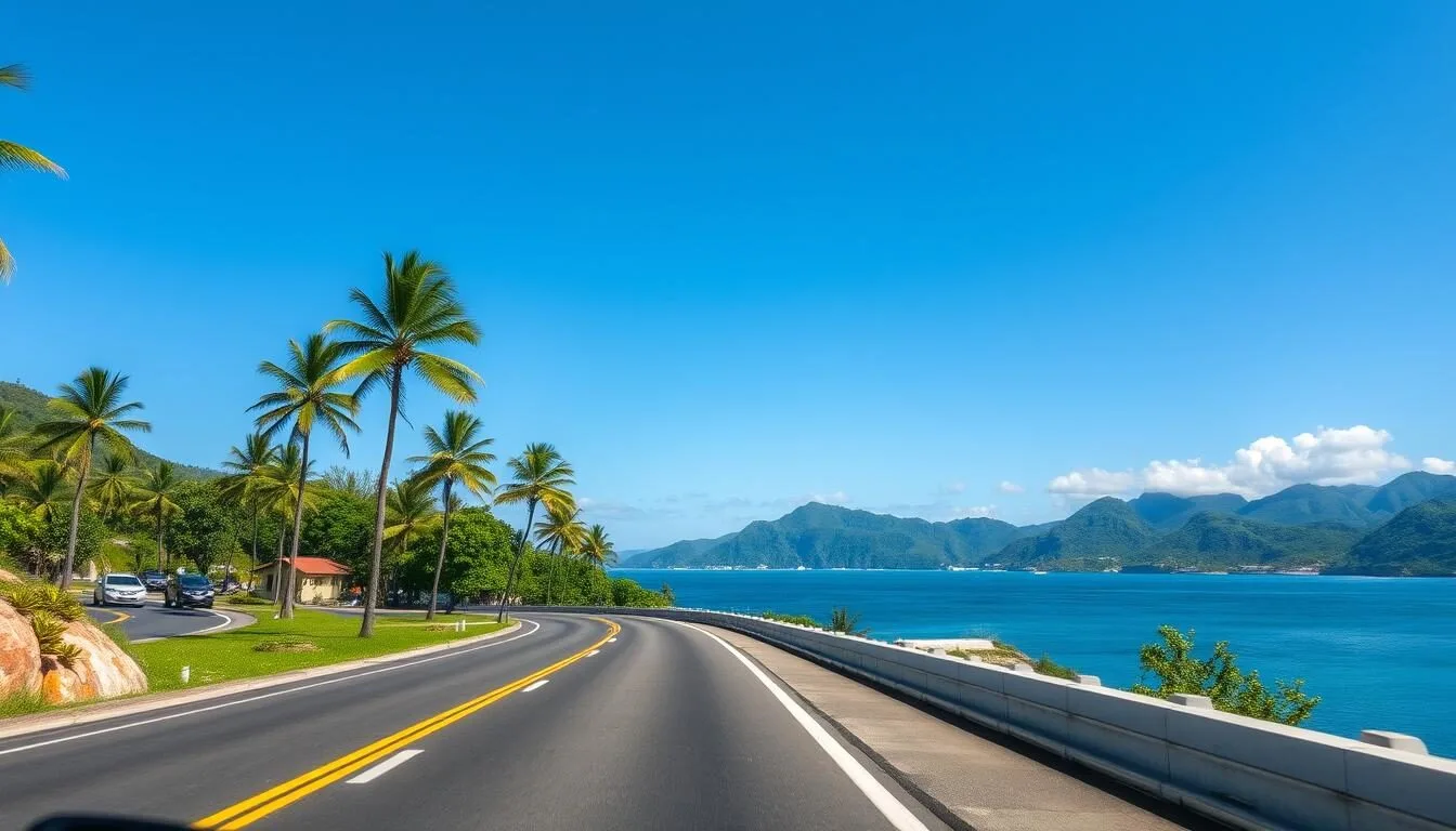 Scenic-coastal-road-leading-to-Arecibo-Puerto-Rico-with-palm-trees-and-ocean-views Scenic coastal road leading to Arecibo Puerto Rico with palm trees and ocean views
