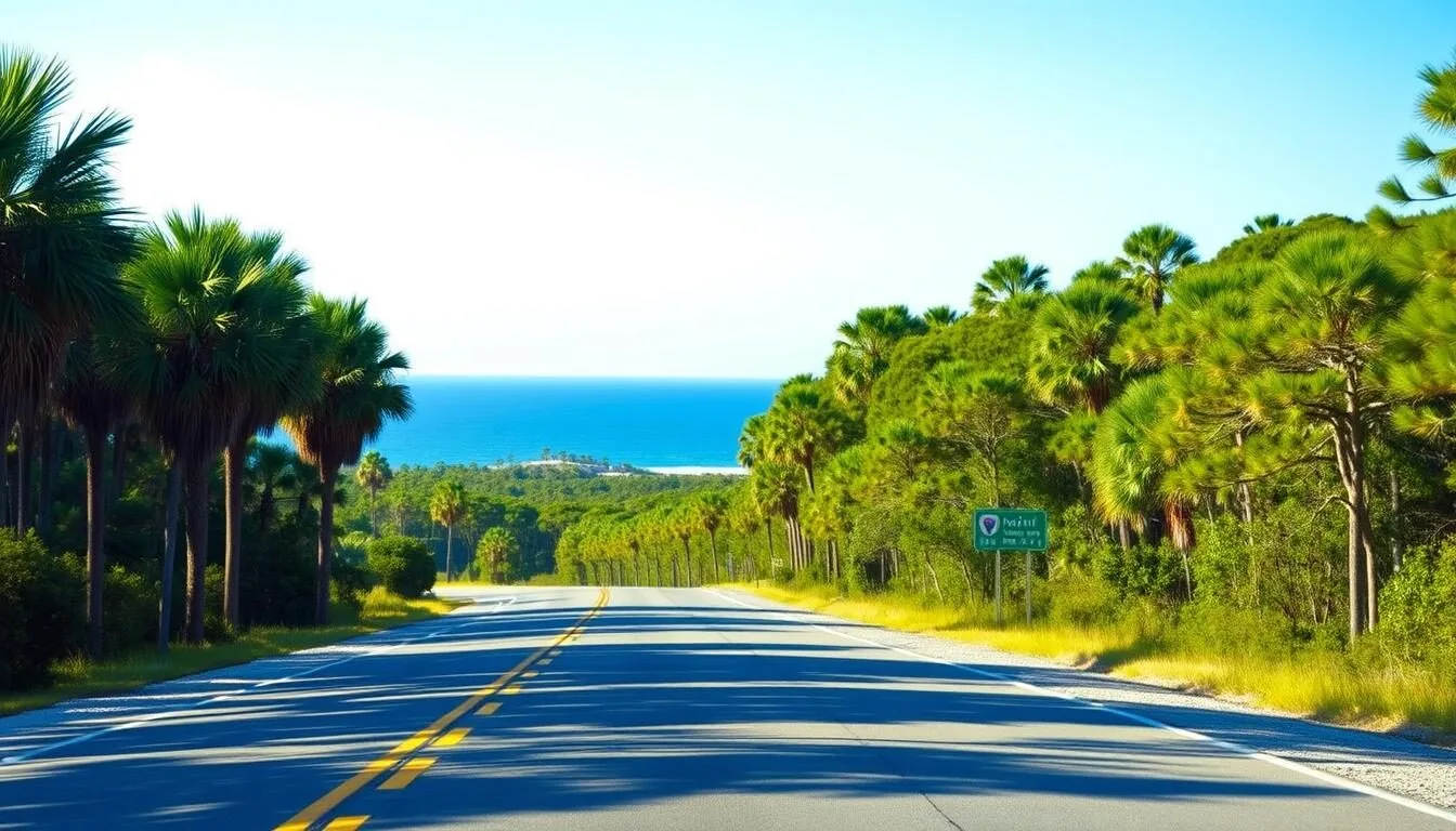 Scenic coastal road leading to Bald Point State Park Florida with palm trees and water views