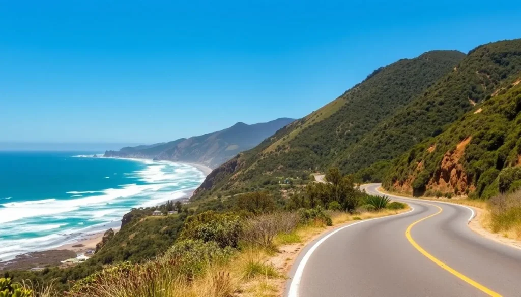 Scenic coastal road leading to Byron Bay with ocean views Scenic coastal road leading to Byron Bay with ocean views