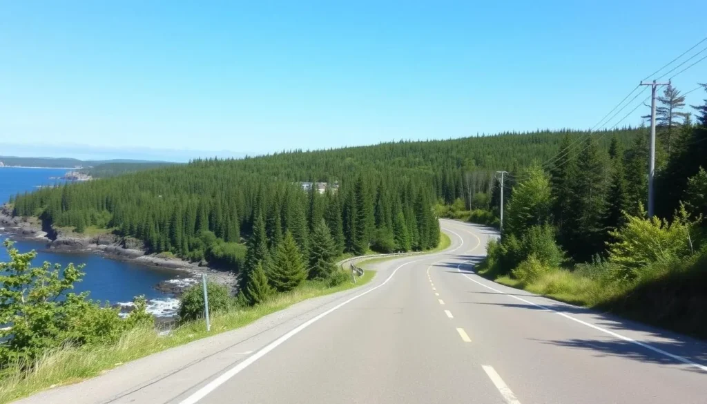 Scenic coastal road on Campobello Island, Maine with water views and forested areas