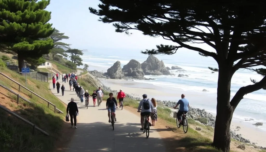 Scenic coastal trail at Asilomar State Beach with cyclists and pedestrians