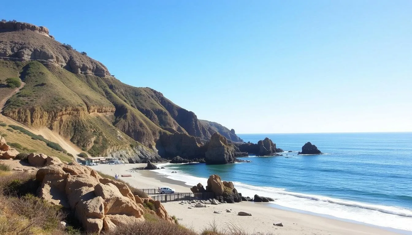 Scenic coastal view of Bean Hollow State Beach, California showing the rugged coastline and blue waters on a sunny day
