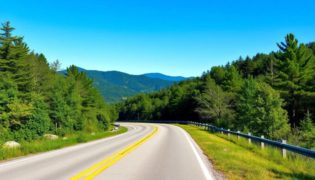 Scenic country road leading to Blackwater Falls State Park entrance with directional sign and forested mountains in background