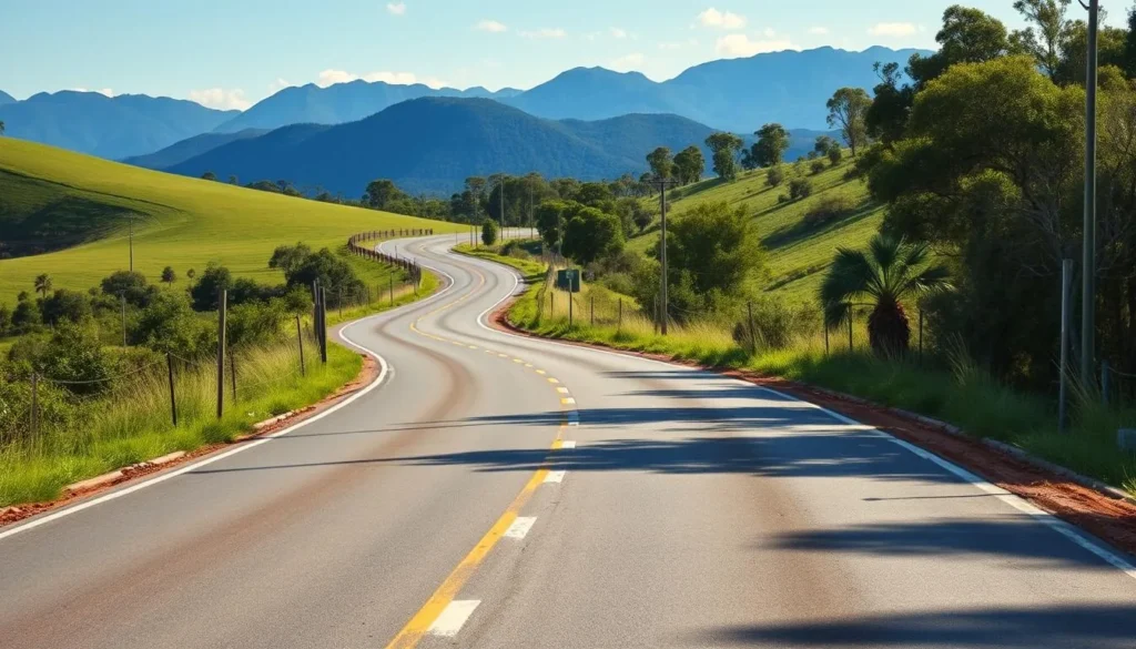 Scenic country road leading to Mount Alford Queensland with mountains in the background Scenic country road leading to Mount Alford Queensland with mountains in the background