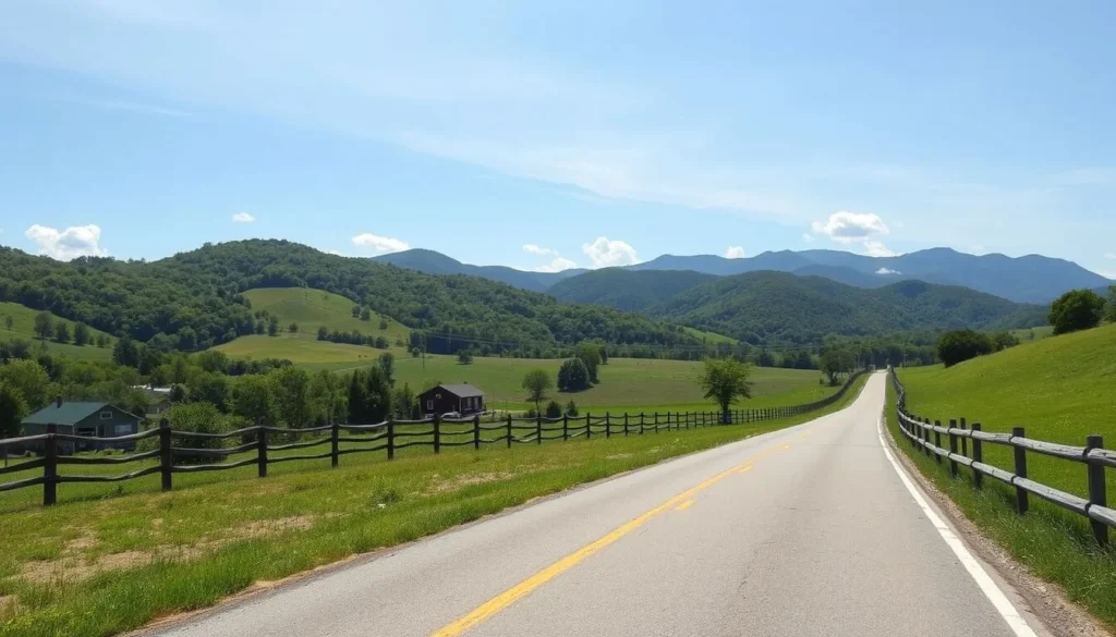Scenic country road near Buckhannon in summer with rolling hills and farms Scenic country road near Buckhannon in summer with rolling hills and farms