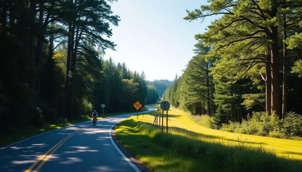 Scenic country road on Vashon Island with trees lining both sides and a cyclist enjoying the route Scenic country road on Vashon Island with trees lining both sides and a cyclist enjoying the route