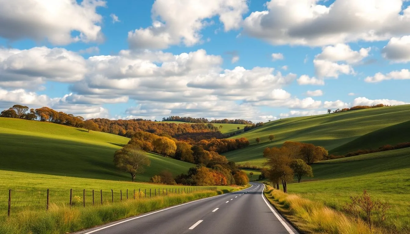 Scenic countryside road leading to Armidale with rolling hills and autumn trees