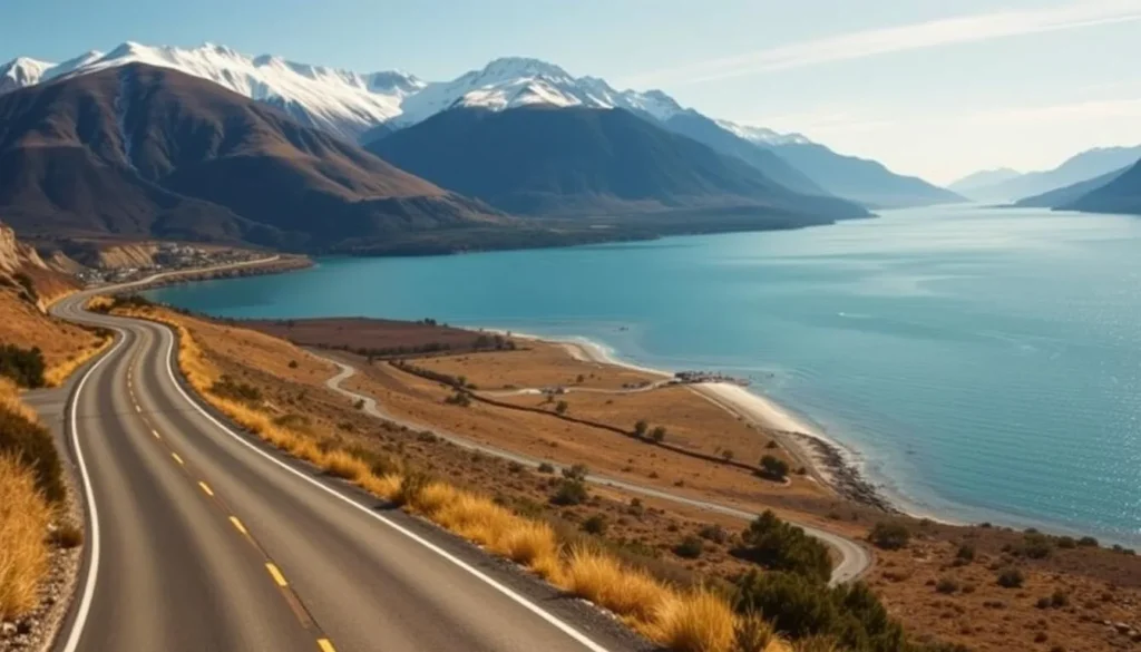 Scenic drive from Queenstown to Glenorchy along Lake Wakatipu with mountains in the background