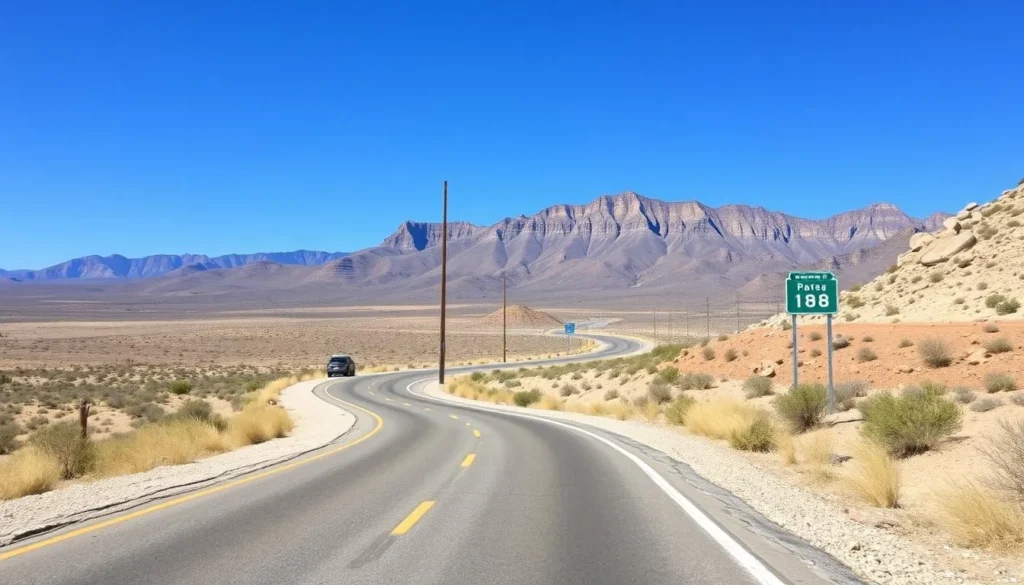 Scenic drive on Highway 118 approaching Davis Mountains State Park, Texas with mountain views