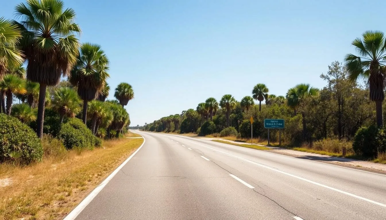 Scenic entrance road to North Peninsula State Park with palm trees lining the route and blue sky overhead