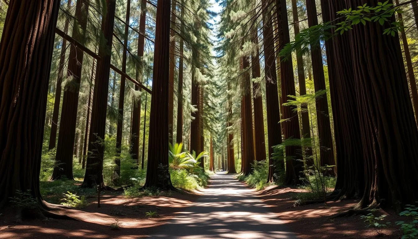 Scenic forest path leading to Azalea State Natural Reserve, California with tall redwoods and dappled sunlight