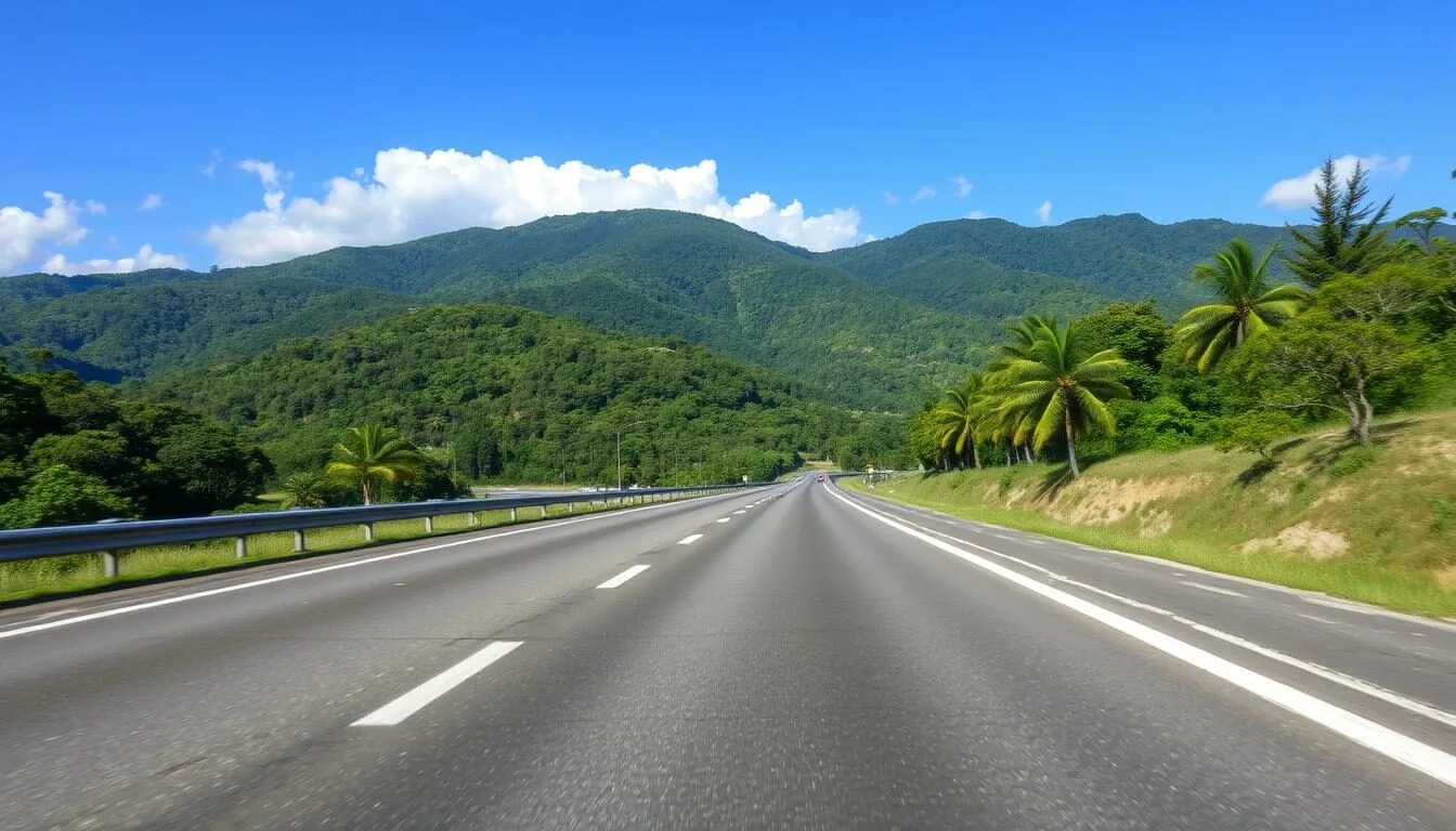 Scenic highway approaching Siguatepeque, Honduras with pine-covered mountains in the background