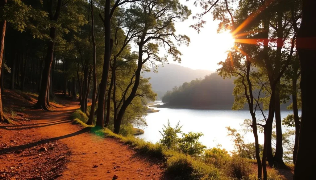 Scenic hiking trail around Kala Wewa with view of reservoir