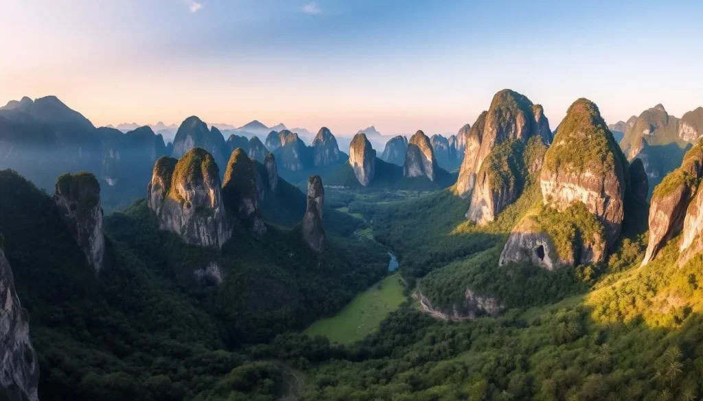 Scenic karst landscape in the Phonsavan region with pine forests and rolling hills