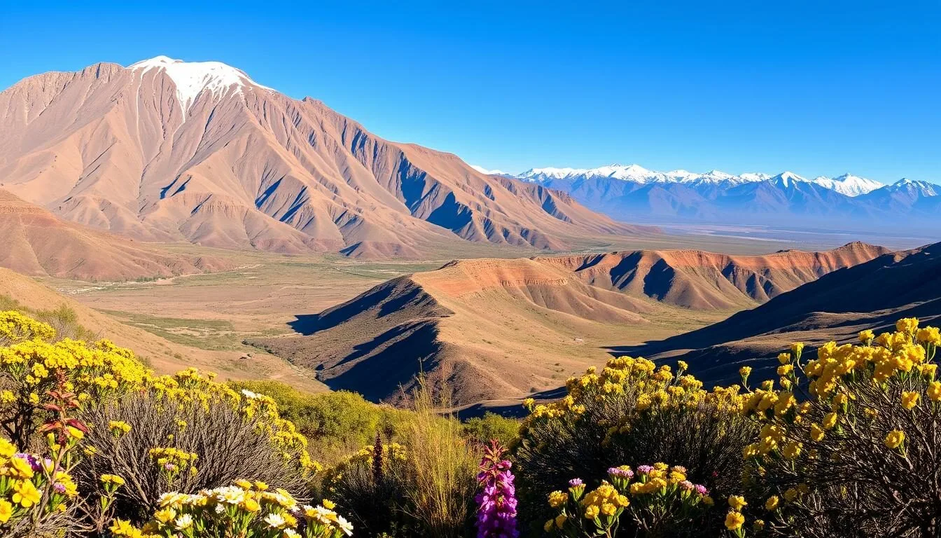Scenic landscape of Haut Atlas Oriental National Park in spring with blooming vegetation and snow-capped mountains in the distance