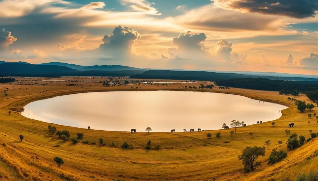 Scenic landscape of Minneriya National Park showing the tank, grasslands, and forest areas Scenic landscape of Minneriya National Park showing the tank, grasslands, and forest areas