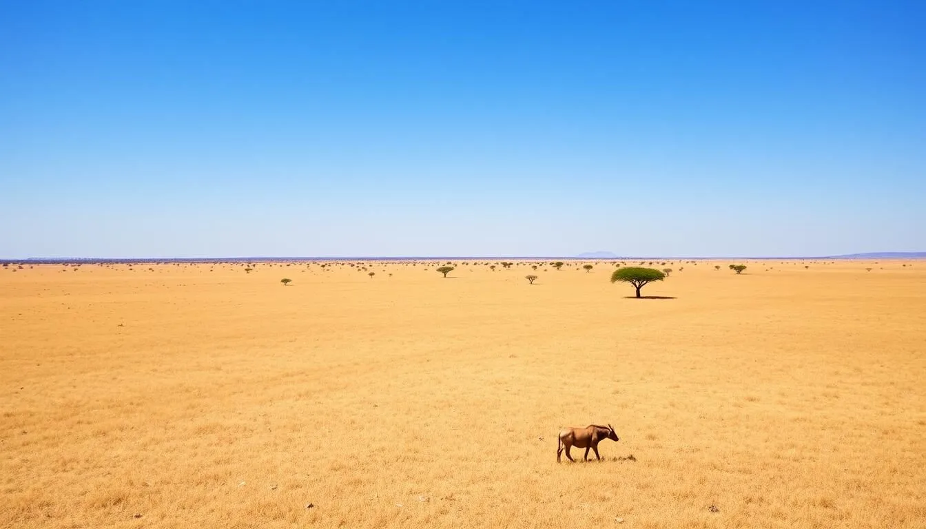 Scenic landscape of South Sudan during dry season showing savanna with wildlife and clear skies