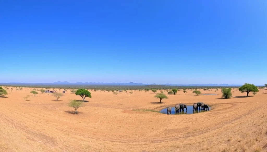 Scenic landscape of Wasgamuwa National Park during dry season showing open grasslands and water holes with elephants