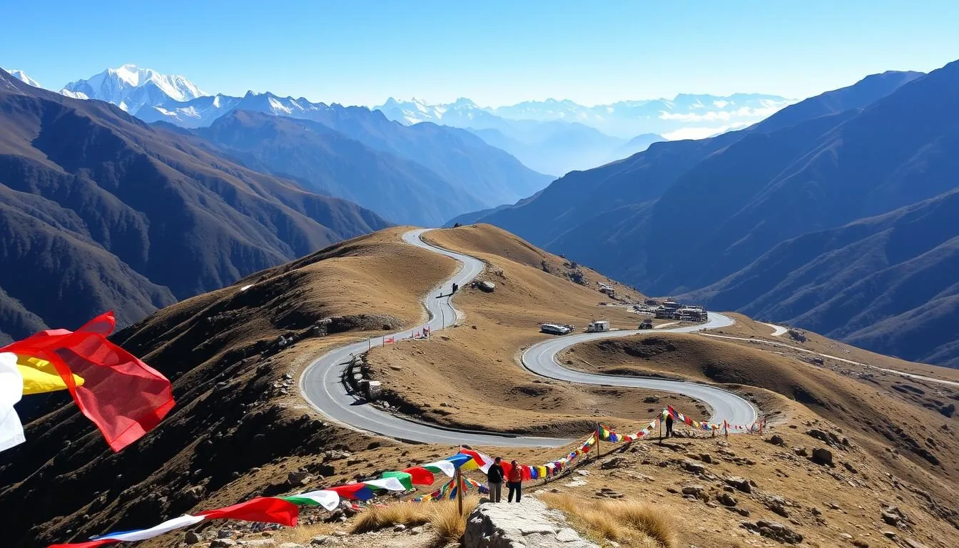 Scenic mountain road from Thimphu to Punakha passing through Dochula Pass with prayer flags and Himalayan views