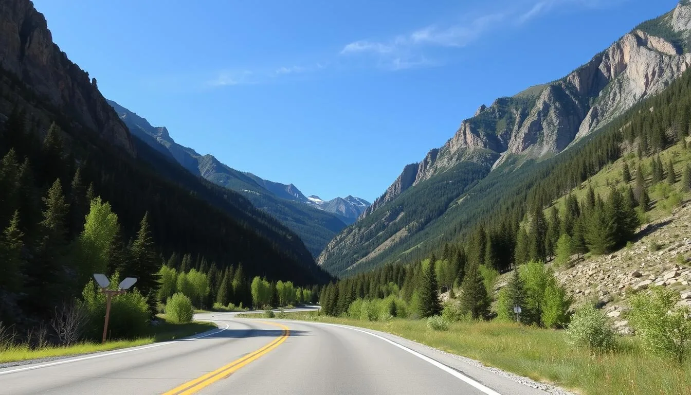 Scenic mountain road leading to East Canyon State Park, Utah with forested mountains and blue skies